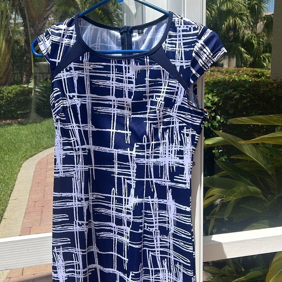 Ladies Blue White Bodycon Stretch MIDI Casual Dress Like New Zip back sz S - Picture 7 of 17